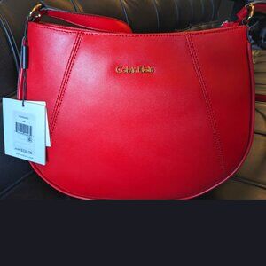 NEW Calvin Klein Red Leather Crossbody Bag Gold Logo | 50″ Strap
